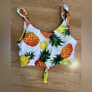 Zaful Pineapple Tie-Front Bikini Top - White, Yellow & Green